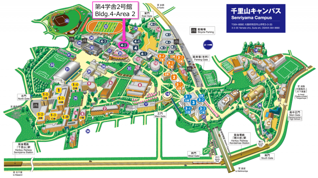Senriyama-campus map with bldg.4-Area2 annotation